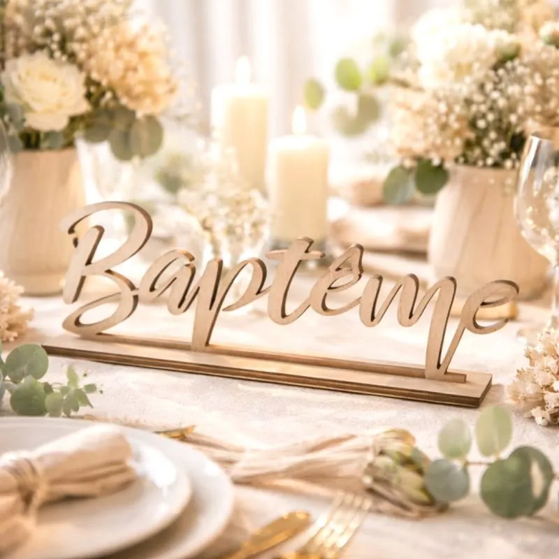 Mot Baptême en bois sur une table de fête crème et dorée