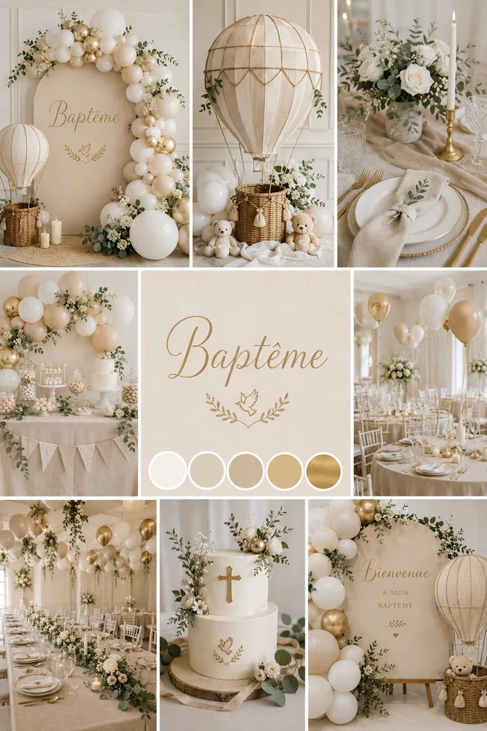 Moodboard baptême blanc et doré avec montgolfière décorative