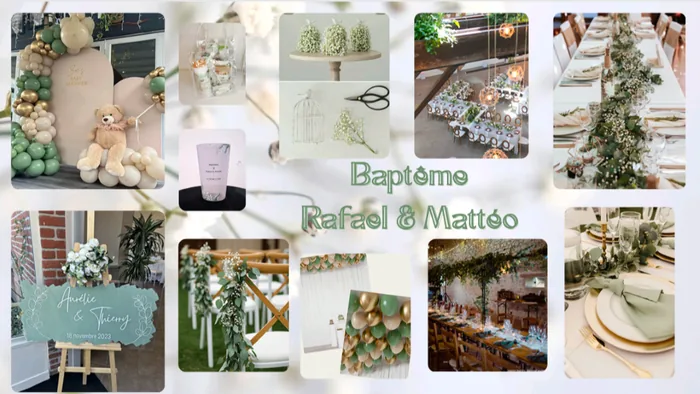 Moodboard baptême végétal vert sauge avec arche de ballons et eucalyptus
