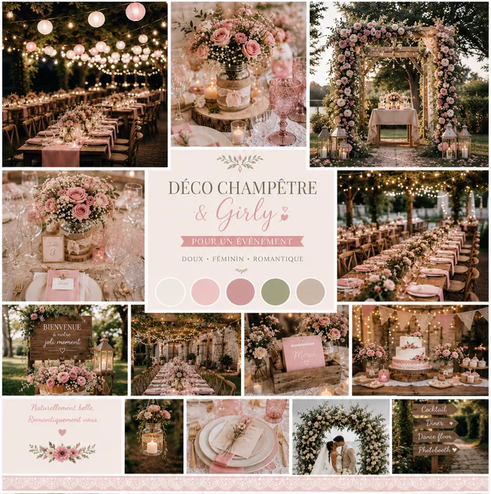 Moodboard décoration champêtre et girly, tons rose poudré et bois