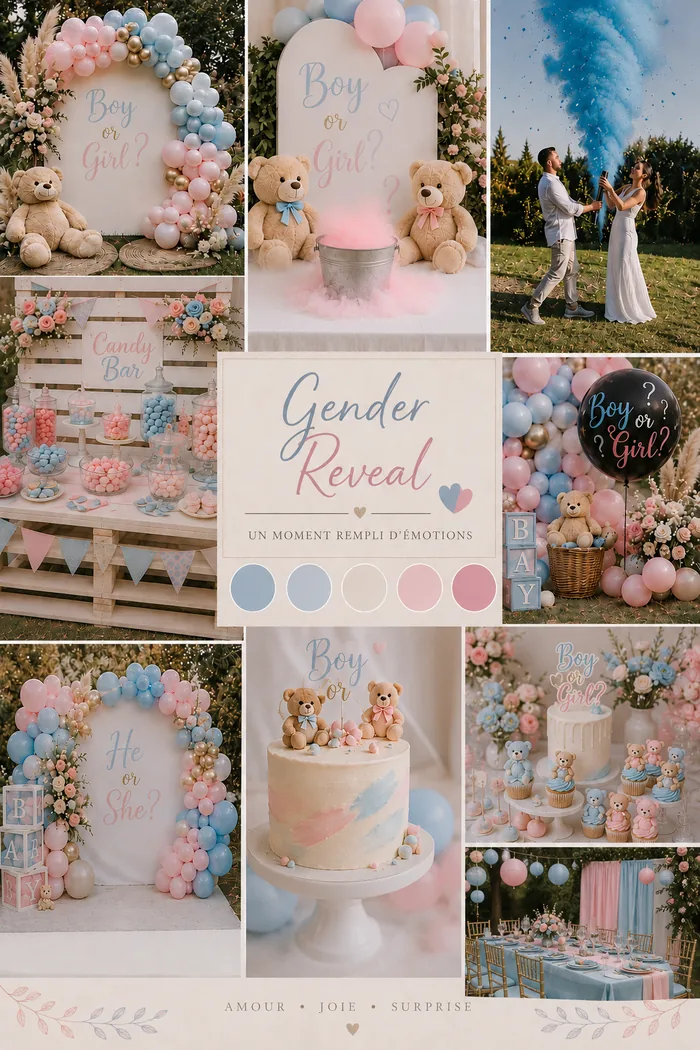 Moodboard gender reveal rose poudré et bleu ciel avec arche de ballons et candy bar