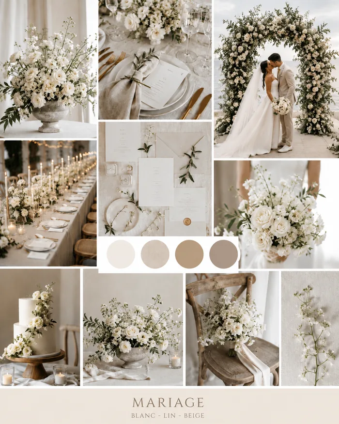 Moodboard mariage blanc, lin et beige aux fleurs blanches et déco naturelle
