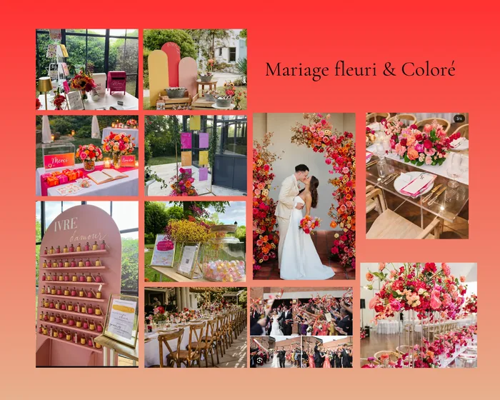 Moodboard mariage fleuri et coloré : arche fuchsia et orange, décoration vitaminée