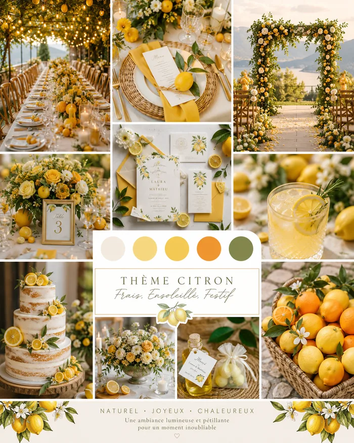 Moodboard mariage thème citron : décoration jaune et verte, fraîche et ensoleillée