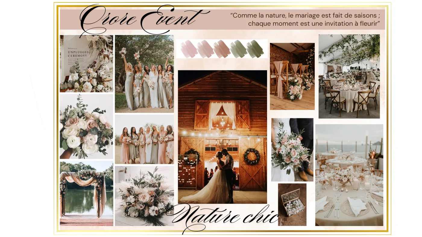 Planche d'inspiration Nature chic signée Orore Event : mariage champêtre rose poudré et vert sauge