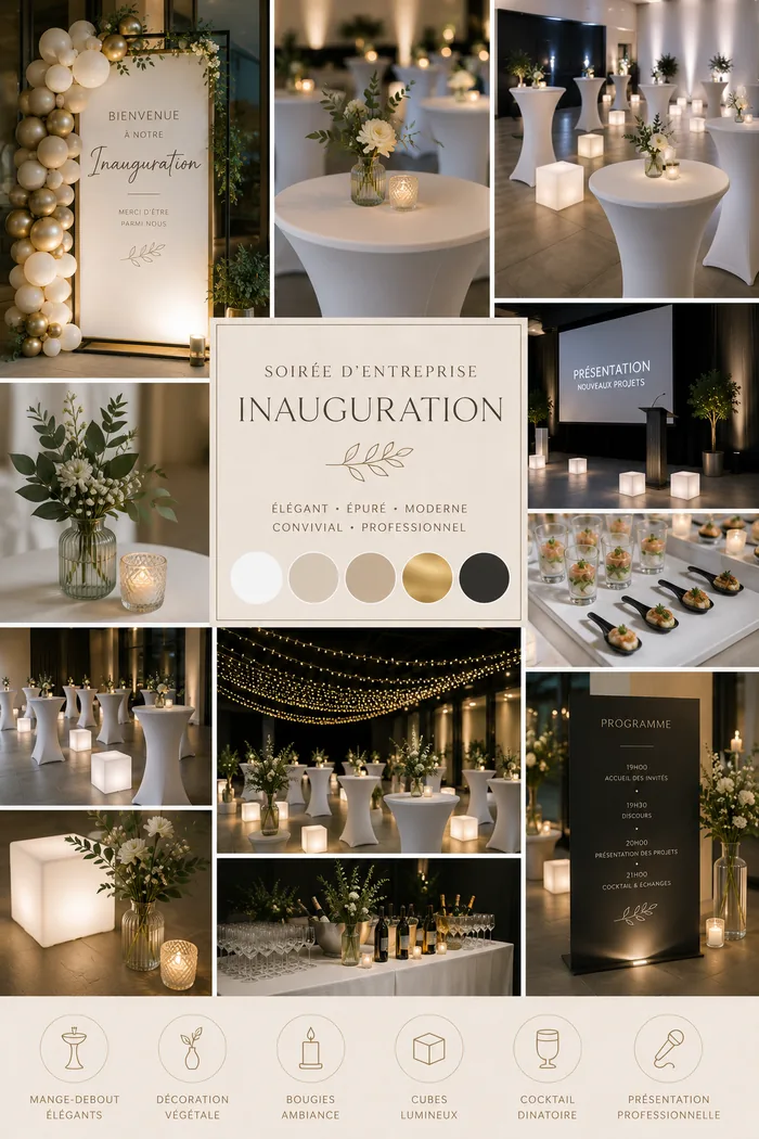 Moodboard soirée d'entreprise et inauguration : décor blanc, taupe et doré, cubes lumineux