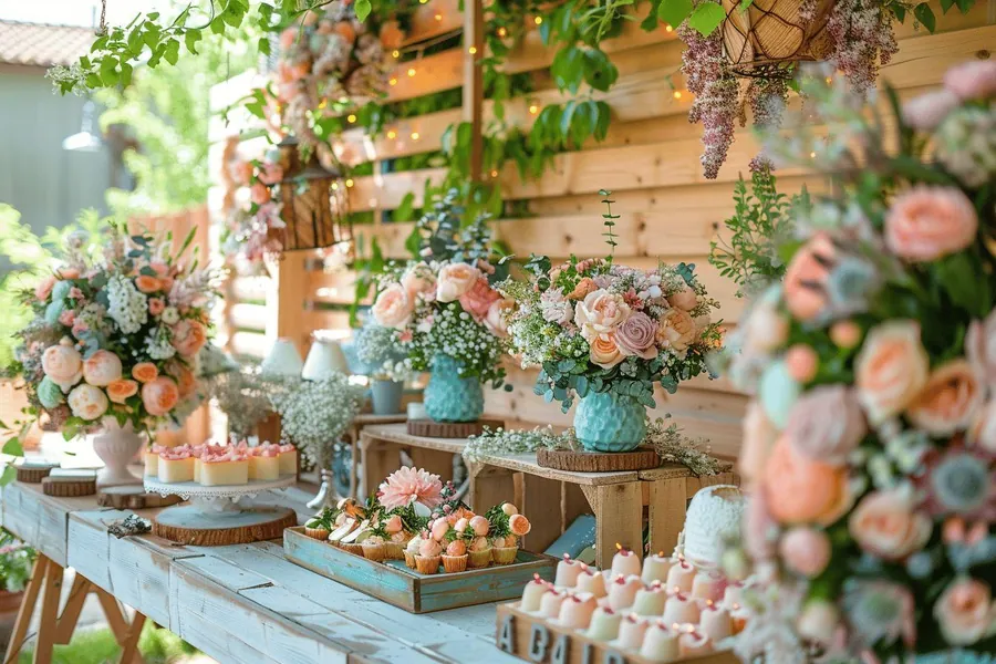 Sweet table d'anniversaire pastel et fleurie dressée dans un jardin