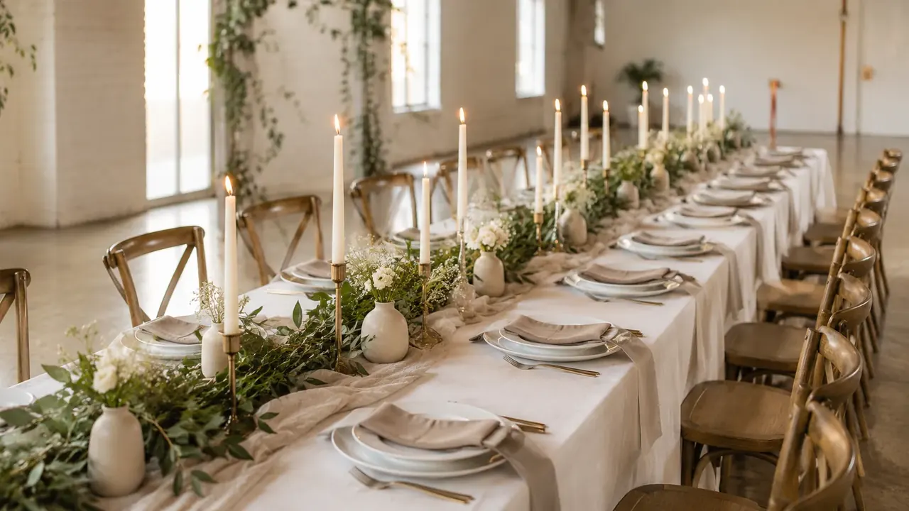Longue table de mariage aux tons lin et blanc, bougies et chemin de verdure, dressée par une wedding planner en Gironde